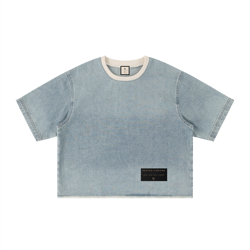 Unisex Vintage Wash Boxy Raw Hem Denim T-Shirt